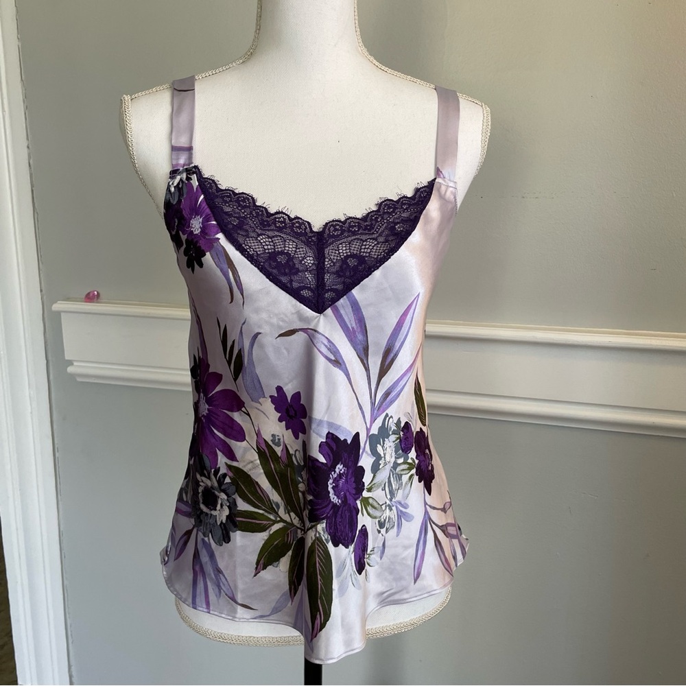 Apt 9 Intimates Small Purple Floral Satin Camisole Lace Trim Adjustable Straps